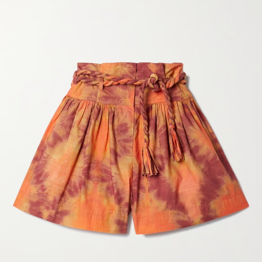 Ulla Johnson Orange and Maroon Tie-Dye Paperbag Shorts with Braided Belt